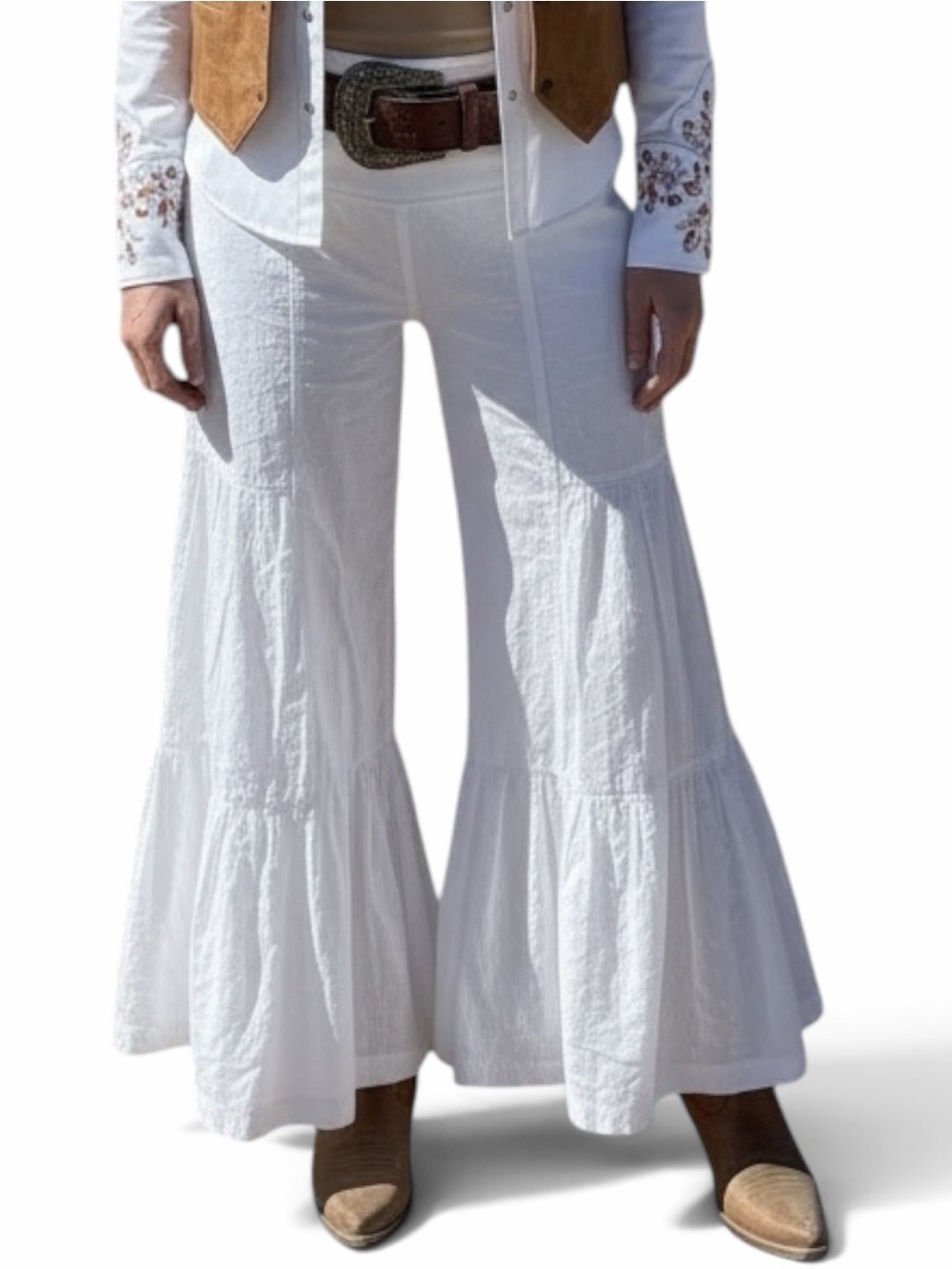 White Tiered Wide-Leg Cotton Women’s Pants Flare Boot Contrast